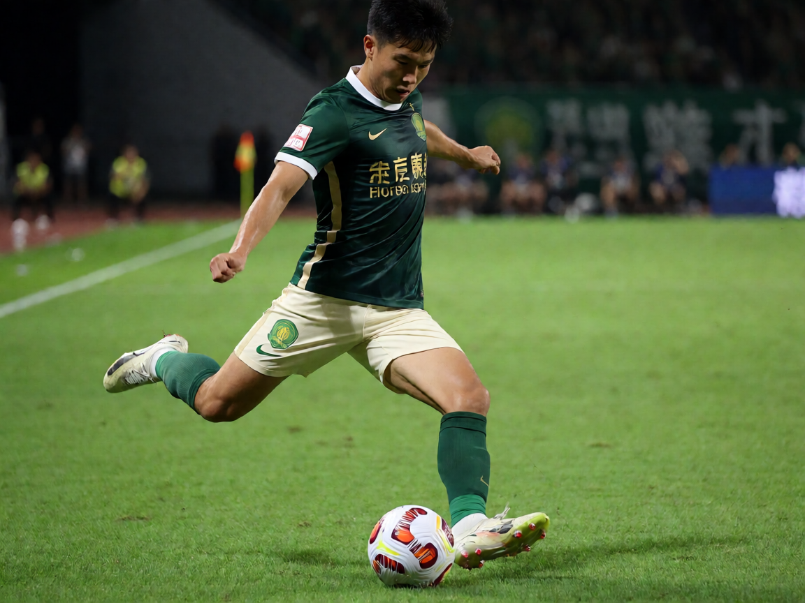 夜间足球赛场灯光璀璨,球员在绿茵场上激烈对抗